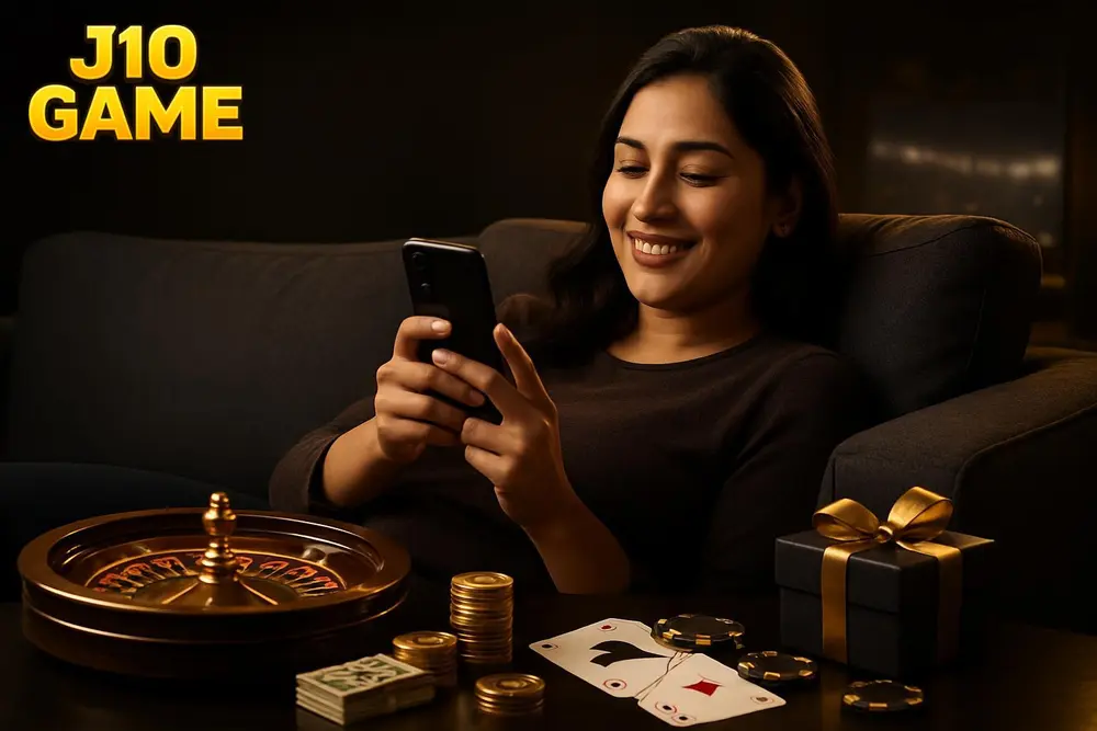 J10 GAME app — a Pakistani woman lying comfortably on a sofa at home swiping through her phone with a relaxed smile
