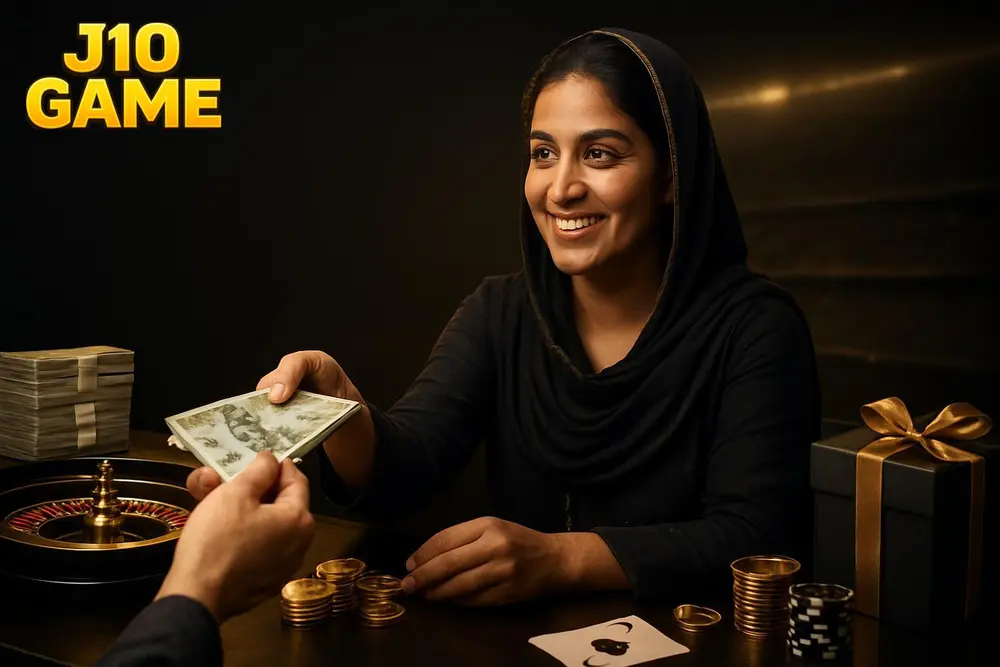 J10 GAME deposit — a Pakistani woman smiling at a small shop counter handing over cash with stacks of local currency