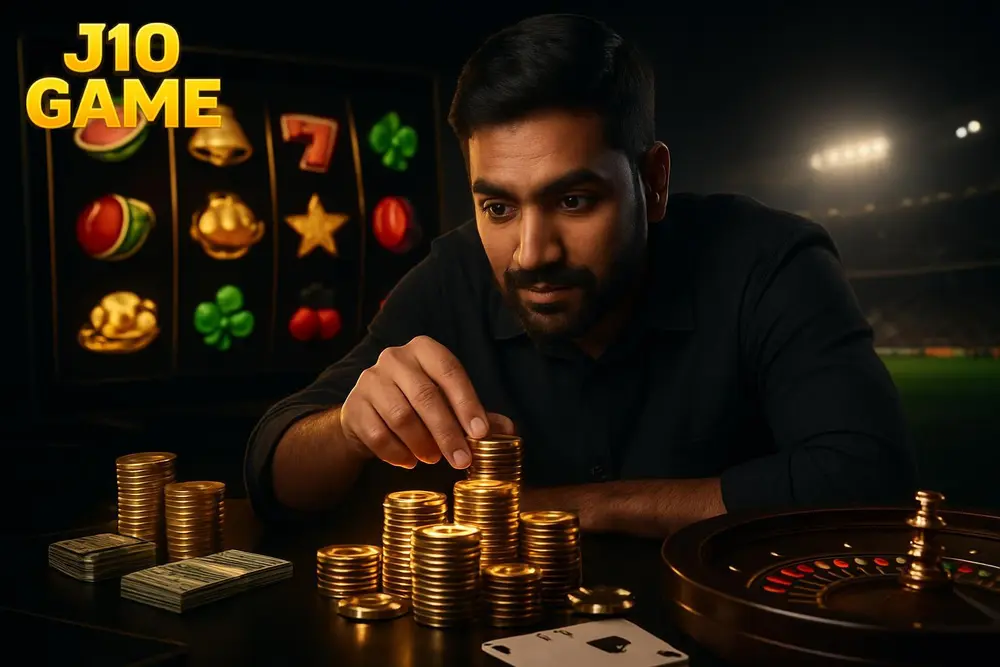 J10 GAME games — a Pakistani man leaning over a table stacked with glowing chips as colorful slot symbols spin on a