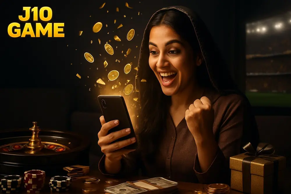 J10 GAME Pakistan — a Pakistani woman celebrating excitedly at home as golden coins and confetti burst from her