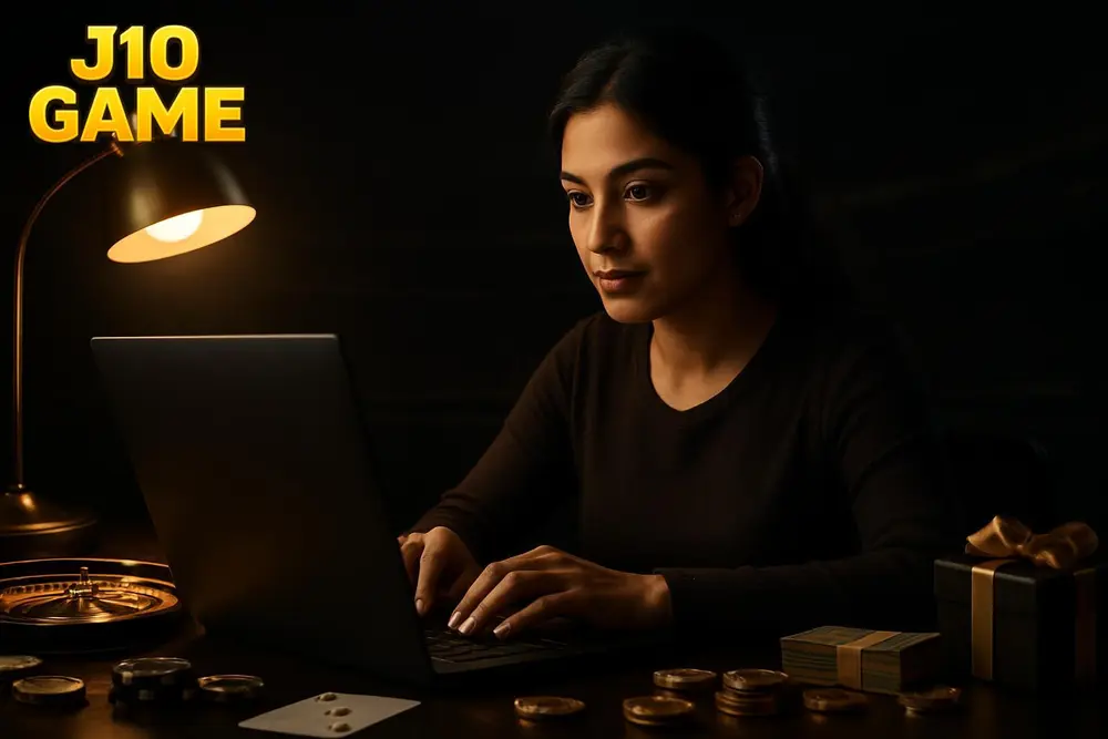 J10 GAME login — a young Pakistani woman typing on a laptop keyboard at a study table with a warm desk lamp lighting