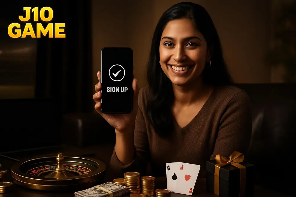 J10 GAME register — a smiling Pakistani woman holding her phone showing a completed sign-up screen while sitting in