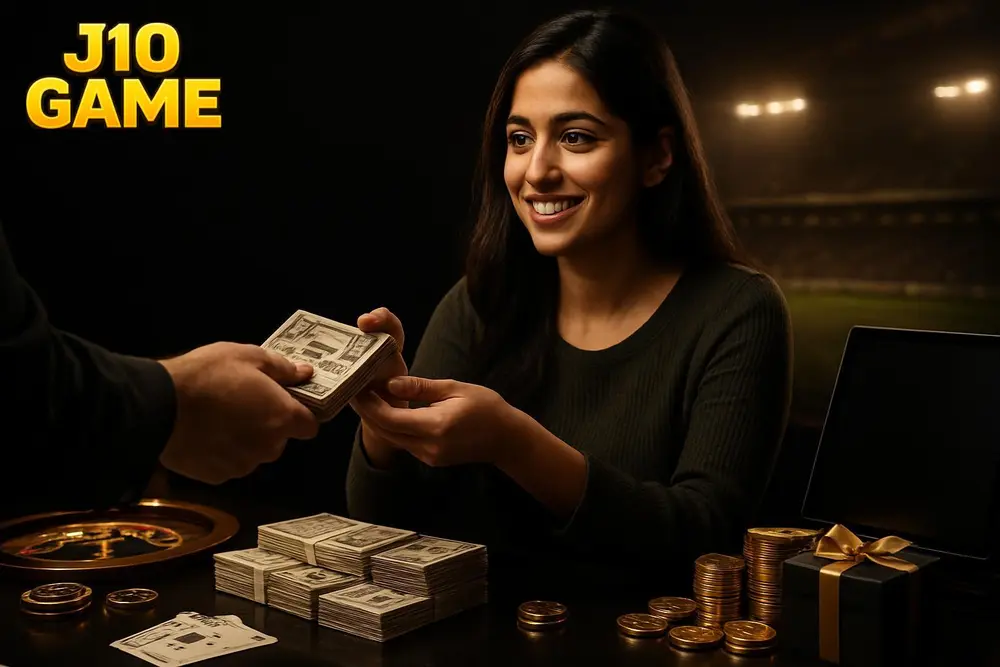 J10 GAME withdraw — a young Pakistani woman receiving a cash payout at a counter with stacks of local currency